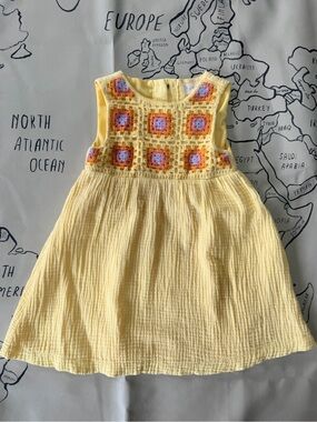 btween Yellow Crochet Bodice Girls' Dress with Pink and Orange Accents